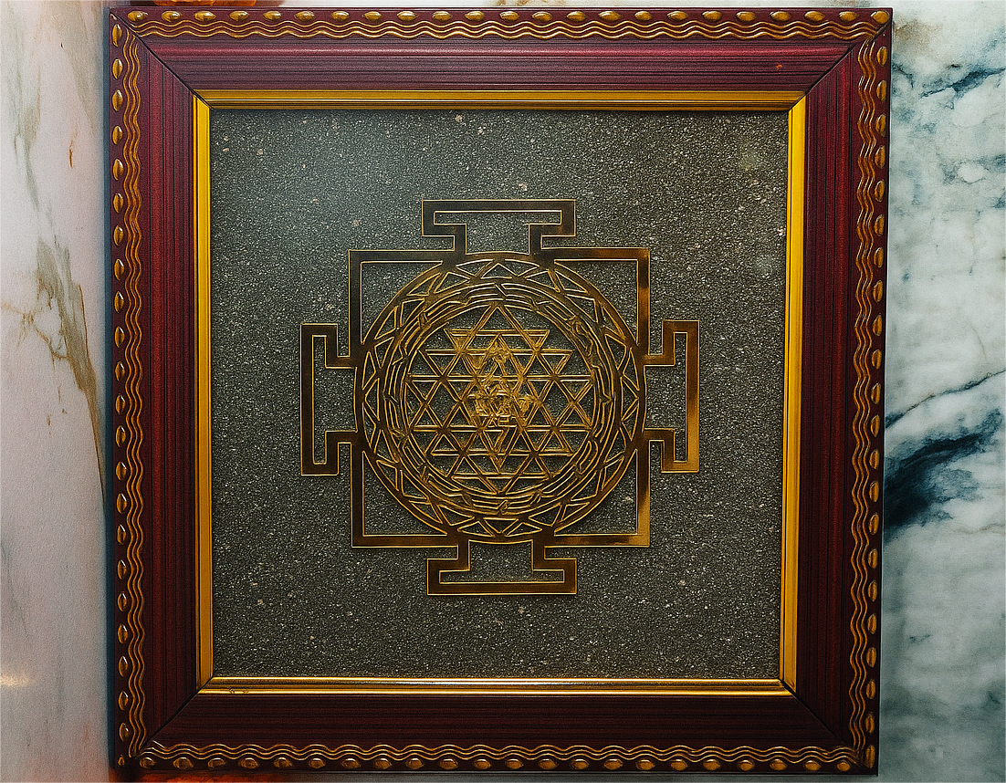 Shri Yantra Pyrite Frame – Sacred Geometric Spiritual Decor
